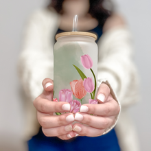 Load image into Gallery viewer, Tulip Floral Glass Coffee Cup, Floral Glass Iced Coffee Cup with Bamboo Lid and Straw, Iced Coffee Glass, Gift for Friend, Coffee Aesthetic