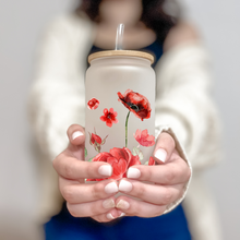 Load image into Gallery viewer, Red Floral Glass Coffee Cup, Garden Glass Iced Coffee Cup with Bamboo Lid and Straw, Iced Coffee Glass, Gift for Friend, Coffee Aesthetic