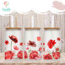 Load image into Gallery viewer, Red Floral Glass Coffee Cup, Garden Glass Iced Coffee Cup with Bamboo Lid and Straw, Iced Coffee Glass, Gift for Friend, Coffee Aesthetic