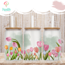 Load image into Gallery viewer, Tulip Floral Glass Coffee Cup, Floral Glass Iced Coffee Cup with Bamboo Lid and Straw, Iced Coffee Glass, Gift for Friend, Coffee Aesthetic