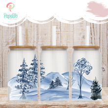 Load image into Gallery viewer, Mountain Tree Glass Coffee Cup, Glass Iced Coffee Cup with Bamboo Lid and Straw, Iced Coffee Glass, Gift for Friend, Coffee Aesthetic