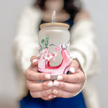 Load image into Gallery viewer, Motorcycle Glass Coffee Cup, Floral and Heart Glass Iced Coffee Cup with Lid and Straw, Iced Coffee Glass, Gift for Friend, Coffee Aesthetic 16oz