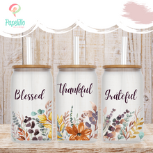 Load image into Gallery viewer, Grateful Thankful Blessed Glass Coffee Cup, Fall Floral Glass Iced Coffee Cup with Bamboo Lid and Straw, Iced Coffee Glass, Coffee Aesthetic 16oz