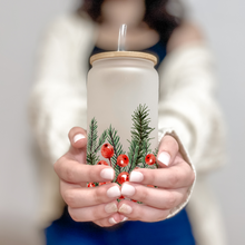 Load image into Gallery viewer, Christmas Glass Coffee Cup, Glass Iced Coffee Cup with Bamboo Lid and Straw, Iced Coffee Glass, Gift for Friend, Coffee Aesthetic 16oz