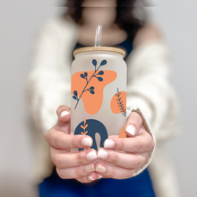 Load image into Gallery viewer, Abstract Art Glass Coffee Cup, Boho Glass Iced Coffee Cup with Bamboo Lid and Straw, Iced Coffee Glass, Gift for Friend, Coffee Aesthetic 16oz