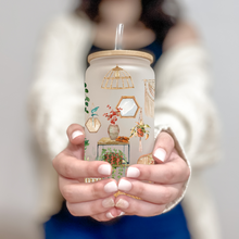 Load image into Gallery viewer, Plant Glass Coffee Cup, Boho plant Glass Iced Coffee Cup with Bamboo Lid and Straw, Iced Coffee Glass, Gift for Friend, Coffee Aesthetic