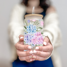 Load image into Gallery viewer, Floral Glass Coffee Cup, Hydrangea Garden Glass Iced Coffee Cup with Bamboo Lid and Straw, Gift for Friend, Iced Coffee, Coffee Aesthetic