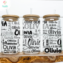 Load image into Gallery viewer, Custom Name Glass Coffee Cup, Name Glass Iced Coffee Cup with Bamboo Lid and Straw, Iced Coffee Glass, Gift for Friend, Coffee Aesthetic