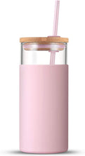 Load image into Gallery viewer, Engraved Custom Glass Tumbler with Bamboo Lid and Straw, Silicone Sleeve, Gift for Her, Bridesmaid Gift, 20oz, Personalized Water Bottle