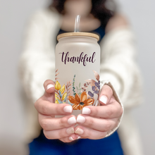 Load image into Gallery viewer, Grateful Thankful Blessed Glass Coffee Cup, Fall Floral Glass Iced Coffee Cup with Bamboo Lid and Straw, Iced Coffee Glass, Coffee Aesthetic 16oz