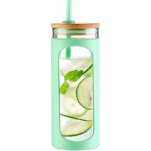 Load image into Gallery viewer, Engraved Custom Glass Tumbler with Bamboo Lid and Straw, Silicone Sleeve, Gift for Her, Bridesmaid Gift, 20oz, Personalized Water Bottle