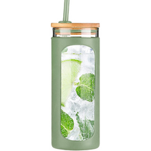 Load image into Gallery viewer, Engraved Custom Glass Tumbler with Bamboo Lid and Straw, Silicone Sleeve, Gift for Her, Bridesmaid Gift, 20oz, Personalized Water Bottle