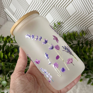 Lavender Glass Coffee Cup, Lavender Field Glass Iced Coffee Cup with Bamboo Lid and Straw, Gift for Friend, Coffee Aesthetic UVDTF 16oz