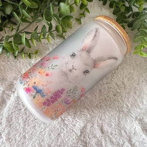Easter Rabbit Glass Coffee Cup, Bunny Floral Iced Coffee Cup with Bamboo Lid and Straw, Easter Gift, Coffee Aesthetic 16oz