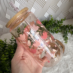 Tulip Pink Glass Coffee Cup, Flower Glass Iced Coffee Cup with Bamboo Lid and Straw, Iced Coffee Glass, Gift for Friend, Aesthetic UV DTF 16oz