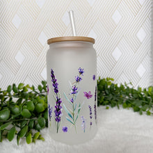 Load image into Gallery viewer, Lavender Glass Coffee Cup, Lavender Field Glass Iced Coffee Cup with Bamboo Lid and Straw, Gift for Friend, Coffee Aesthetic UVDTF 16oz
