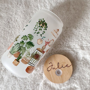 Plant Glass Coffee Cup, Boho plant Glass Iced Coffee Cup with Bamboo Lid and Straw, Iced Coffee Glass, Gift Friend, Coffee Aesthetic UV DTF 16oz
