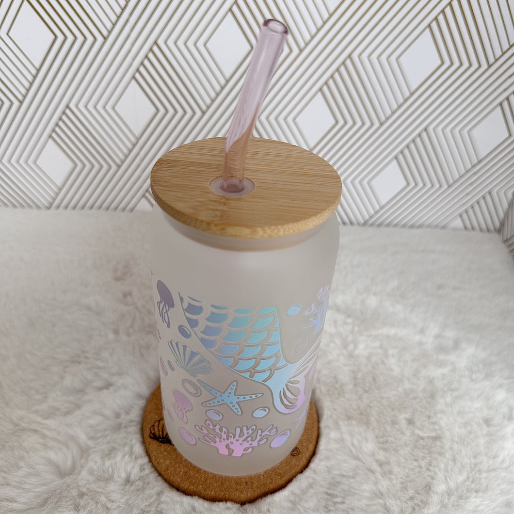 Mermaid Glass Coffee Cup, Sea mermaid Glass Coffee Cup with Bamboo Lid and Straw, Iced Coffee Frosted Glass, Gift Friend, Aesthetic UV DTF 16oz