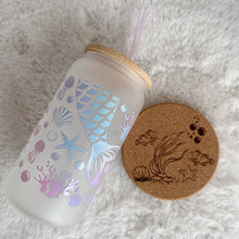 Load image into Gallery viewer, Mermaid Glass Coffee Cup, Sea mermaid Glass Coffee Cup with Bamboo Lid and Straw, Iced Coffee Frosted Glass, Gift Friend, Aesthetic UV DTF 16oz

