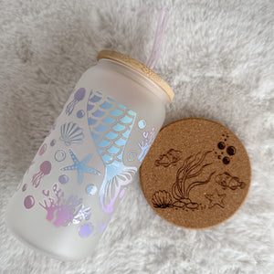 Mermaid Glass Coffee Cup, Sea mermaid Glass Coffee Cup with Bamboo Lid and Straw, Iced Coffee Frosted Glass, Gift Friend, Aesthetic UV DTF 16oz