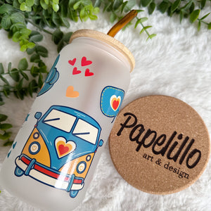 Groovy Love Glass Coffee Cup, Peace Glass Iced Coffee Cup with Bamboo Lid and Straw, Iced Coffee Glass, Gift for Friend, Aesthetic UV DTF 16oz