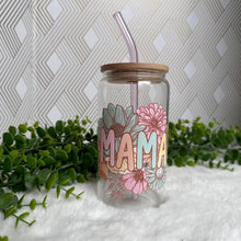 Load image into Gallery viewer, Mama Glass Coffee Cup, Mother Glass Iced Coffee Cup with Bamboo Lid and Straw, MOM Iced Coffee Glass, Gift for Friend, Aesthetic UV DTF 16oz
