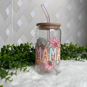 Mama Glass Coffee Cup, Mother Glass Iced Coffee Cup with Bamboo Lid and Straw, MOM Iced Coffee Glass, Gift for Friend, Aesthetic UV DTF 16oz
