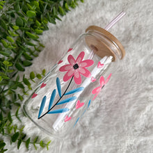 Load image into Gallery viewer, Flower Glass Coffee Cup, Pink Flower Glass Iced Coffee Cup with Bamboo Lid and Straw, Iced Coffee Glass, Gift for Friend, Aesthetic UV DTF 16oz
