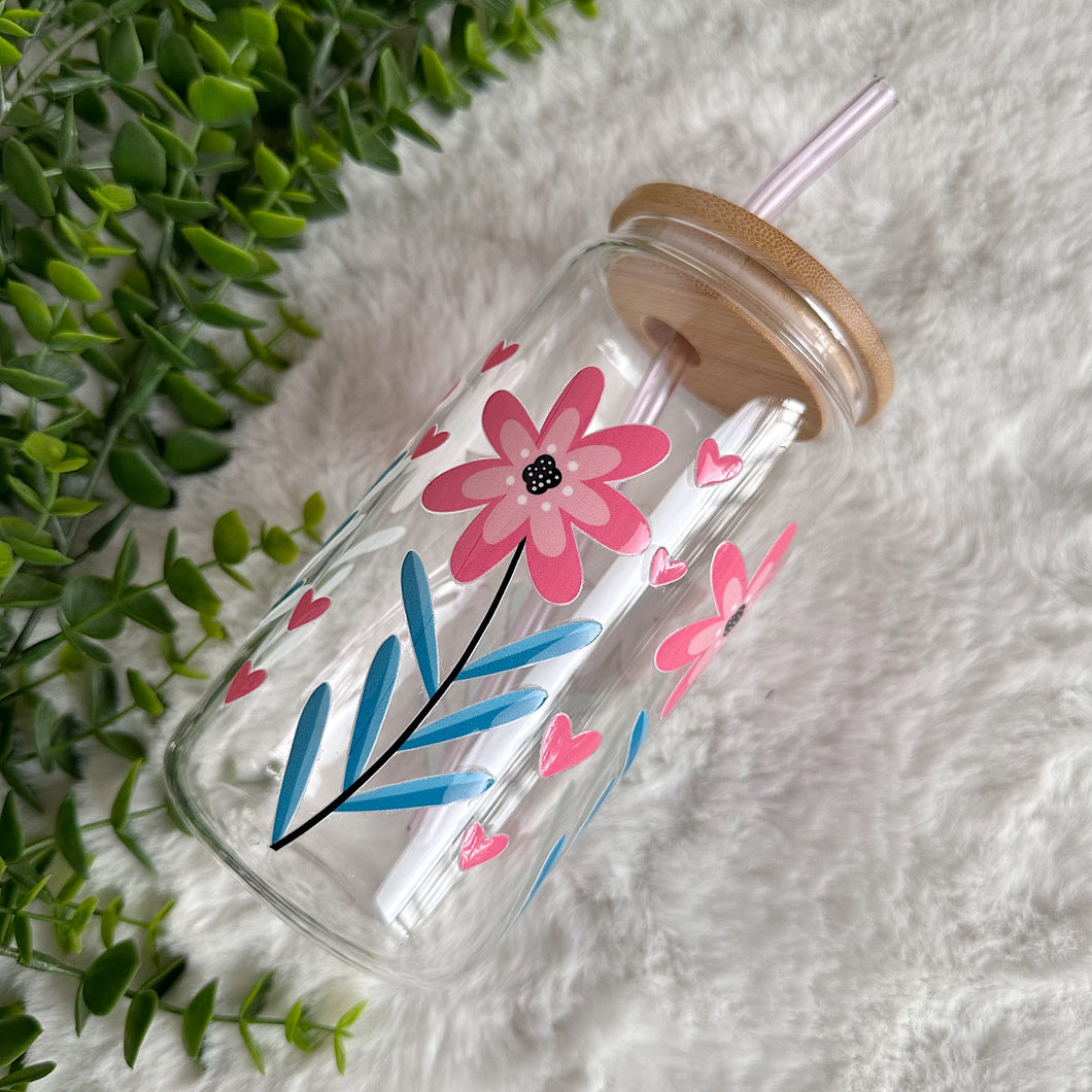 Flower Glass Coffee Cup, Pink Flower Glass Iced Coffee Cup with Bamboo Lid and Straw, Iced Coffee Glass, Gift for Friend, Aesthetic UV DTF 16oz