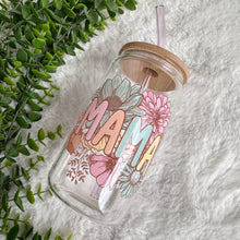 Load image into Gallery viewer, Mama Glass Coffee Cup, Mother Glass Iced Coffee Cup with Bamboo Lid and Straw, MOM Iced Coffee Glass, Gift for Friend, Aesthetic UV DTF 16oz
