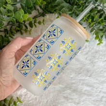 Load image into Gallery viewer, Portuguese Tiles Glass Coffee Cup, Glass Iced Coffee Cup with Bamboo Lid and Straw, Iced Coffee Glass, Gift for Friend, Aesthetic UV DTF 16oz
