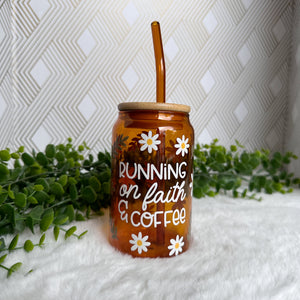 Running on faith Glass Coffee Cup, Orange Glass Coffee Cup with Bamboo Lid and Straw, Iced Coffee Glass, Gift for Friend, Aesthetic UV DTF 12oz