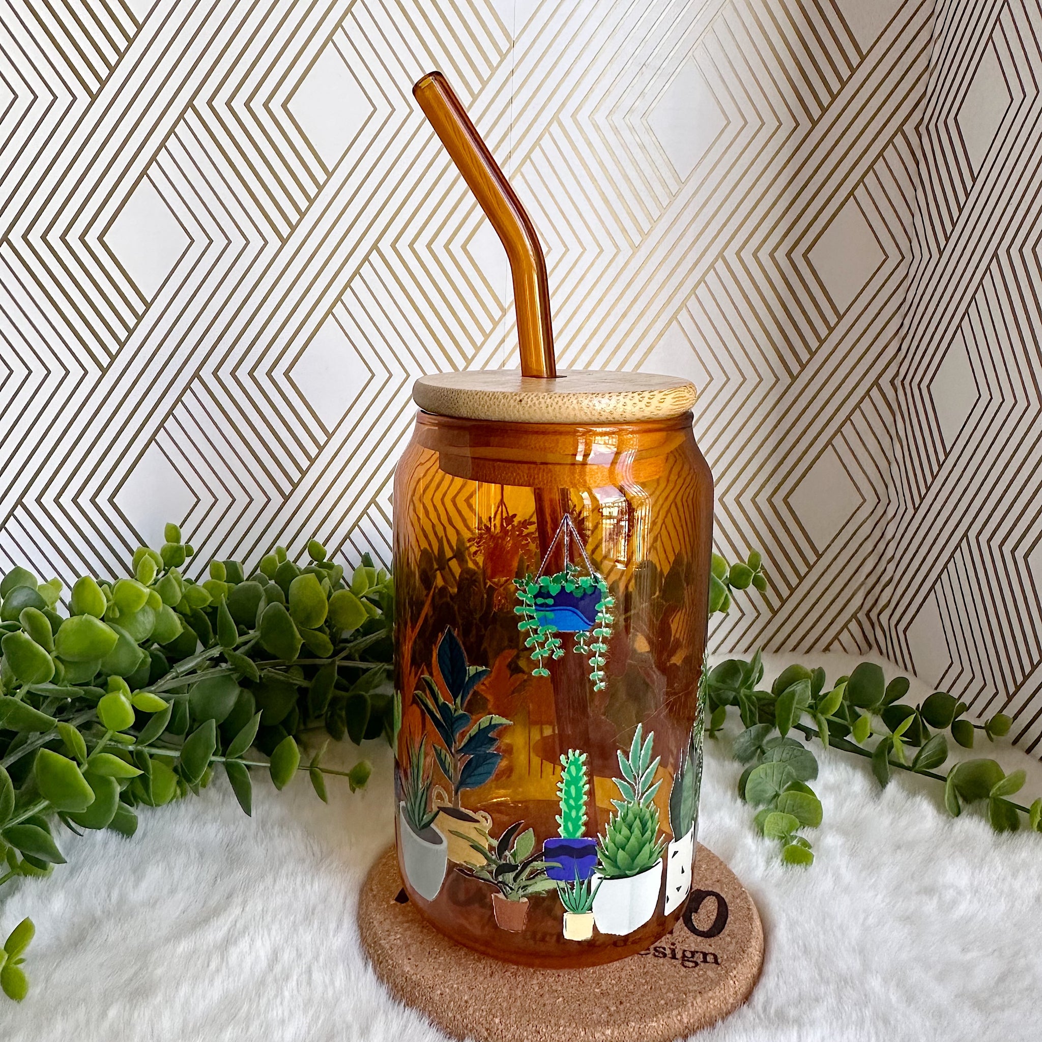 Plant Glass Coffee Cup Boho Iced Coffee Cup with Bamboo Lid and