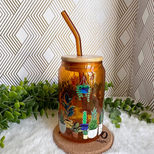 Load image into Gallery viewer, Plant Glass Coffee Cup, Boho Orange Glass Coffee Cup with Bamboo Lid and Straw, Iced Coffee Glass, Gift for Friend, Aesthetic UV DTF 12oz
