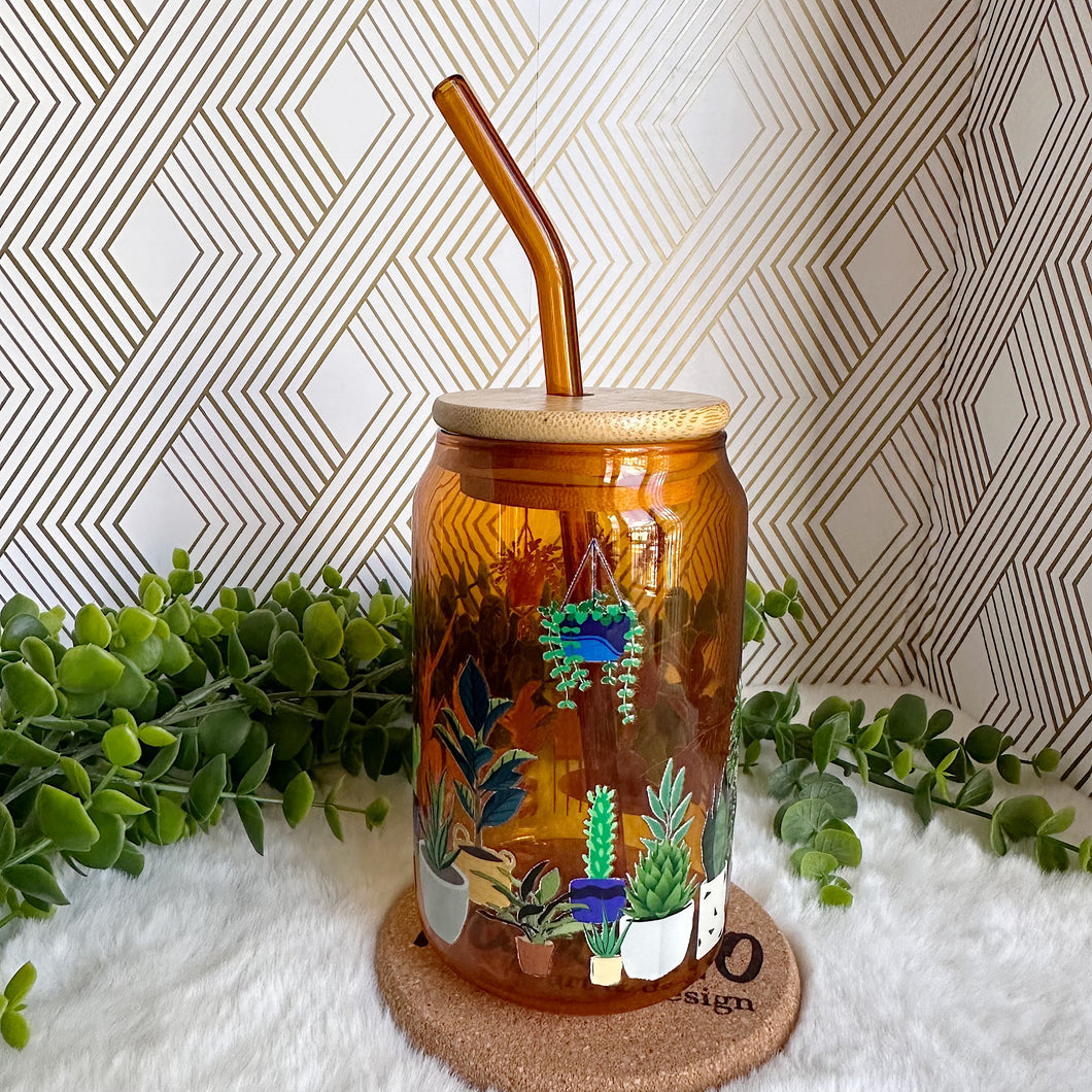 Plant Glass Coffee Cup, Boho Orange Glass Coffee Cup with Bamboo Lid and Straw, Iced Coffee Glass, Gift for Friend, Aesthetic UV DTF 12oz