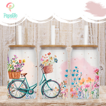 Load image into Gallery viewer, Floral Bicycle Coffee Cup, Floral Bicycle Glass Iced Coffee Cup with Bamboo Lid and Straw, Iced Coffee Glass, Gift for Friend, Aesthetic 16oz
