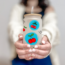 Load image into Gallery viewer, Cherry Glass Coffee Cup, Turquoise Cherry Glass Iced Coffee Cup with Bamboo Lid and Straw, Iced Coffee Glass, Gift Friend, Aesthetic UV DTF 16oz
