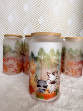 Load image into Gallery viewer, Cute Safari Woodland Glass Can, Glass Iced Coffee Cup with Bamboo Lid and Straw, Iced Coffee Glass Can, Gift for Friend, Coffee Aesthetic 16oz

