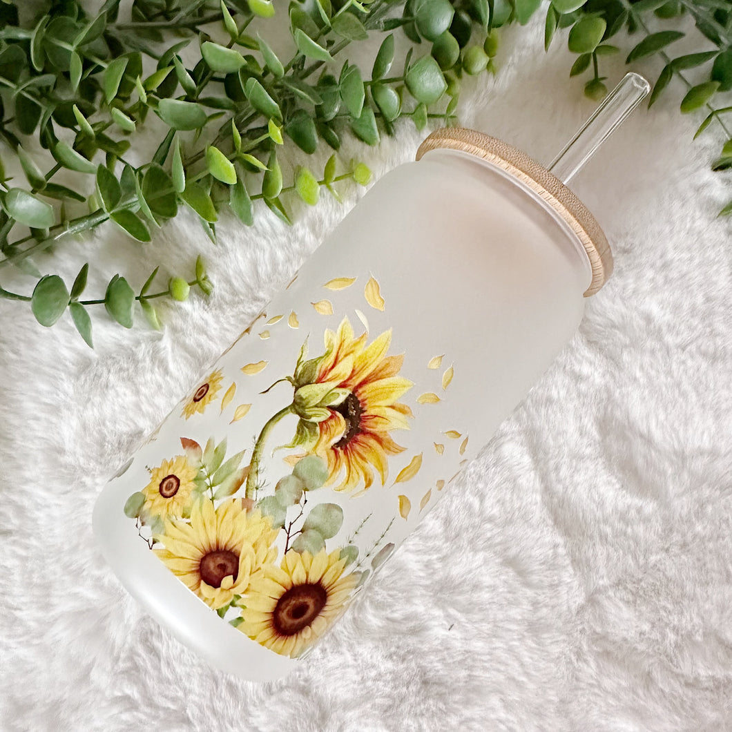Sunflower Glass Coffee Cup, Sunflower Glass Iced Coffee Cup with Bamboo Lid and Straw, Iced Coffee Glass, Gift Friend, Aesthetic UV DTF 16oz