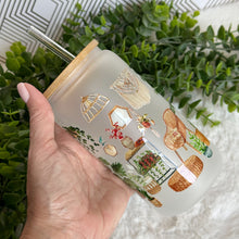 Load image into Gallery viewer, Plant Glass Coffee Cup, Boho plant Glass Iced Coffee Cup with Bamboo Lid and Straw, Iced Coffee Glass, Gift Friend, Coffee Aesthetic UV DTF 16oz
