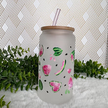 Load image into Gallery viewer, Watermelon Pink Glass Coffee Cup, Glass Iced Coffee Cup with Bamboo Lid and Straw, Iced Coffee Glass, Gift Friend, Aesthetic UV DTF 16oz
