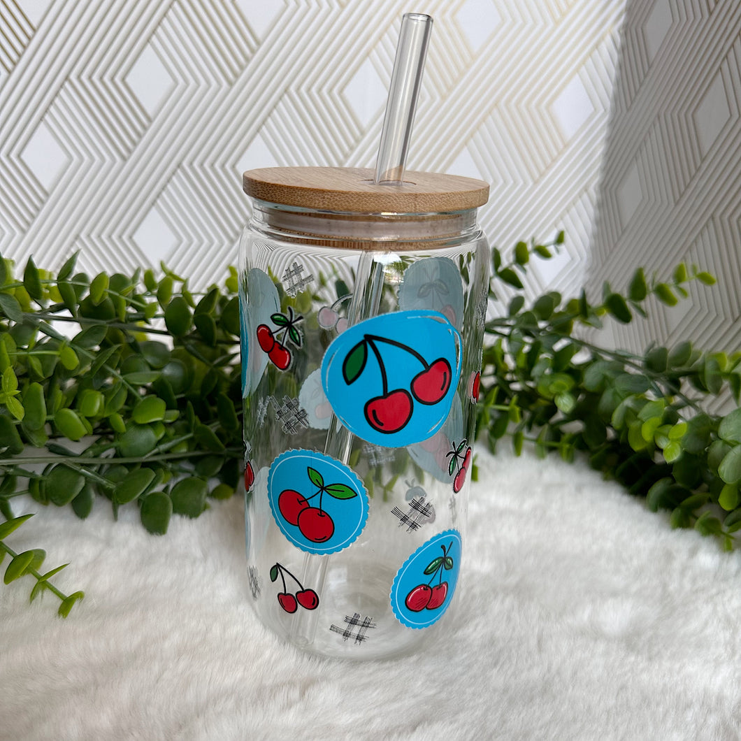 Cherry Glass Coffee Cup, Turquoise Cherry Glass Iced Coffee Cup with Bamboo Lid and Straw, Iced Coffee Glass, Gift Friend, Aesthetic UV DTF 16oz