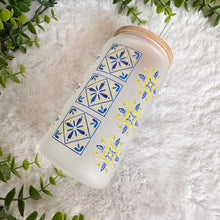 Load image into Gallery viewer, Portuguese Tiles Glass Coffee Cup, Glass Iced Coffee Cup with Bamboo Lid and Straw, Iced Coffee Glass, Gift for Friend, Aesthetic UV DTF 16oz
