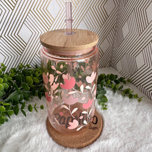 Load image into Gallery viewer, Tulip Pink Glass Coffee Cup, Flower Glass Iced Coffee Cup with Bamboo Lid and Straw, Iced Coffee Glass, Gift for Friend, Aesthetic UV DTF 16oz
