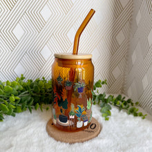 Load image into Gallery viewer, Plant Glass Coffee Cup, Boho Orange Glass Coffee Cup with Bamboo Lid and Straw, Iced Coffee Glass, Gift for Friend, Aesthetic UV DTF 12oz
