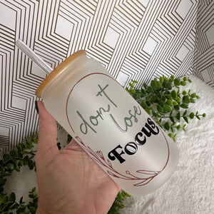 Don't lose focus Glass Coffee Cup, Camera Glass Iced Coffee Cup with Bamboo Lid and Straw, Iced Coffee Glass, Gift Friend, Aesthetic UV DTF 16oz