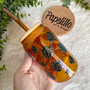 Monstera Glass Coffee Cup, Orange Glass Coffee Cup with Bamboo Lid and Straw, Iced Coffee Glass, Gift for Friend, Aesthetic UV DTF 12oz