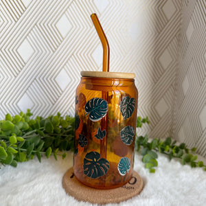 Monstera Glass Coffee Cup, Orange Glass Coffee Cup with Bamboo Lid and Straw, Iced Coffee Glass, Gift for Friend, Aesthetic UV DTF 12oz