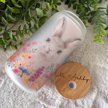 Load image into Gallery viewer, Easter Rabbit Glass Coffee Cup, Bunny Floral Iced Coffee Cup with Bamboo Lid and Straw, Easter Gift, Coffee Aesthetic 16oz

