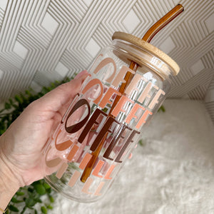 Latte Glass Coffee Cup, Coffee Lover Glass Iced Coffee Cup with Bamboo Lid and Straw, Iced Coffee Glass, Gift for Friend, Aesthetic UV DTF 16oz